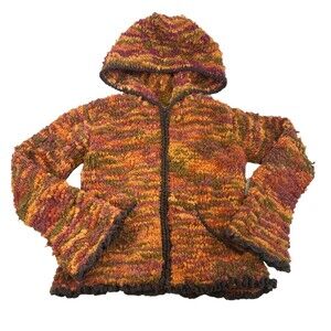 ECC Ecuadorian Clothing Company Wool Hood Full Zip Sweater Orange Textured Small